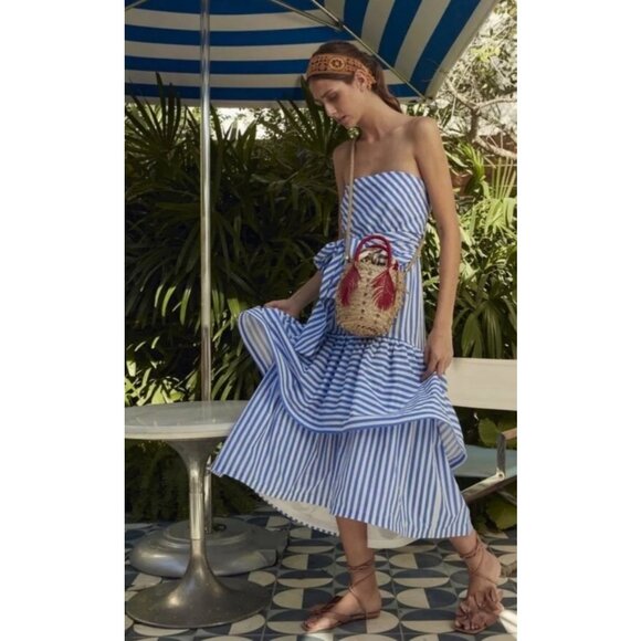 Silvia Tcherassi Allerona Striped Tiered Tie Waist Midi Dress in Celeste Stripes - Picture 2 of 10